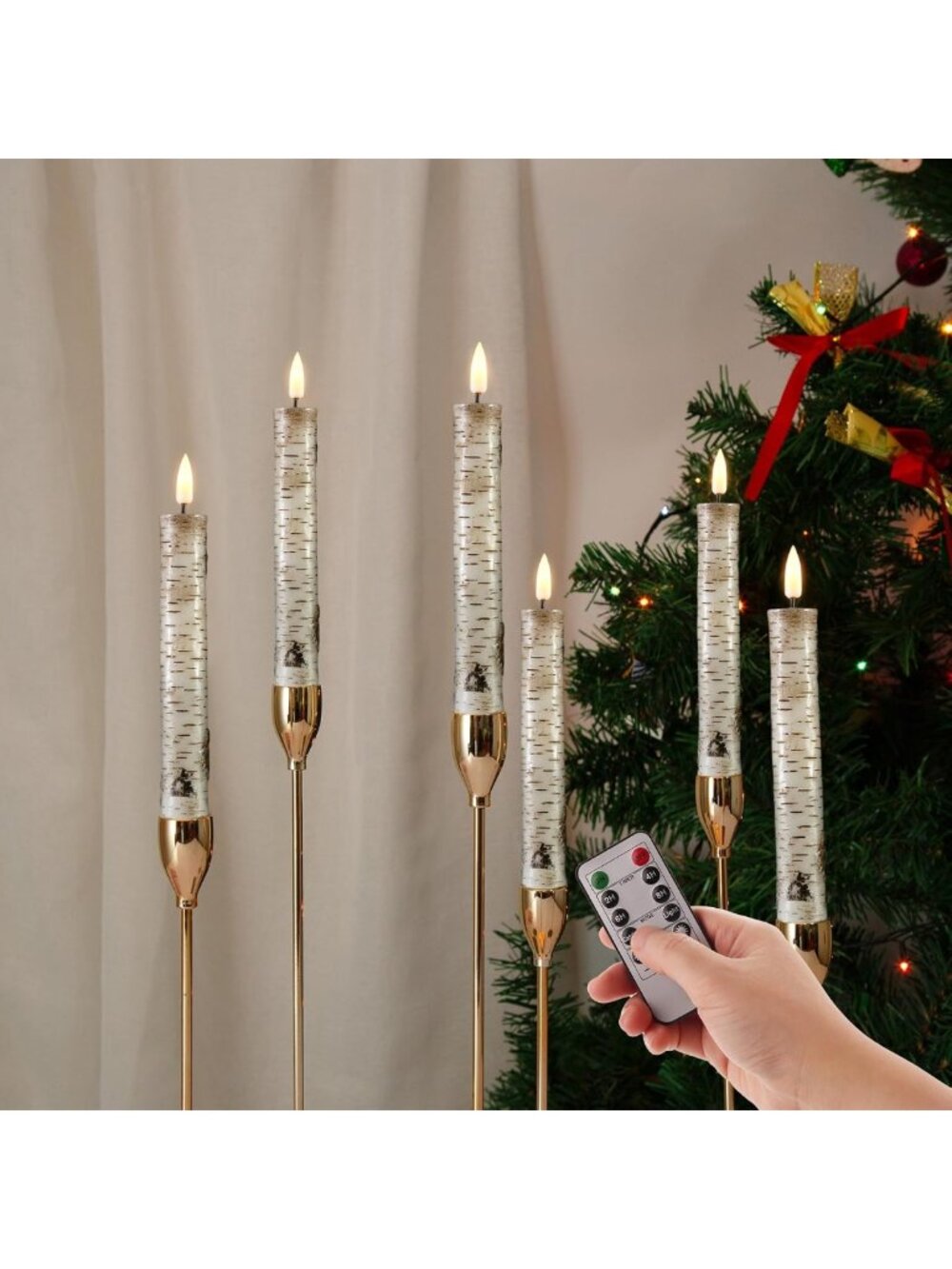 Set of 6 Short Flameless Taper Candles with Remote - Birch Bark Design